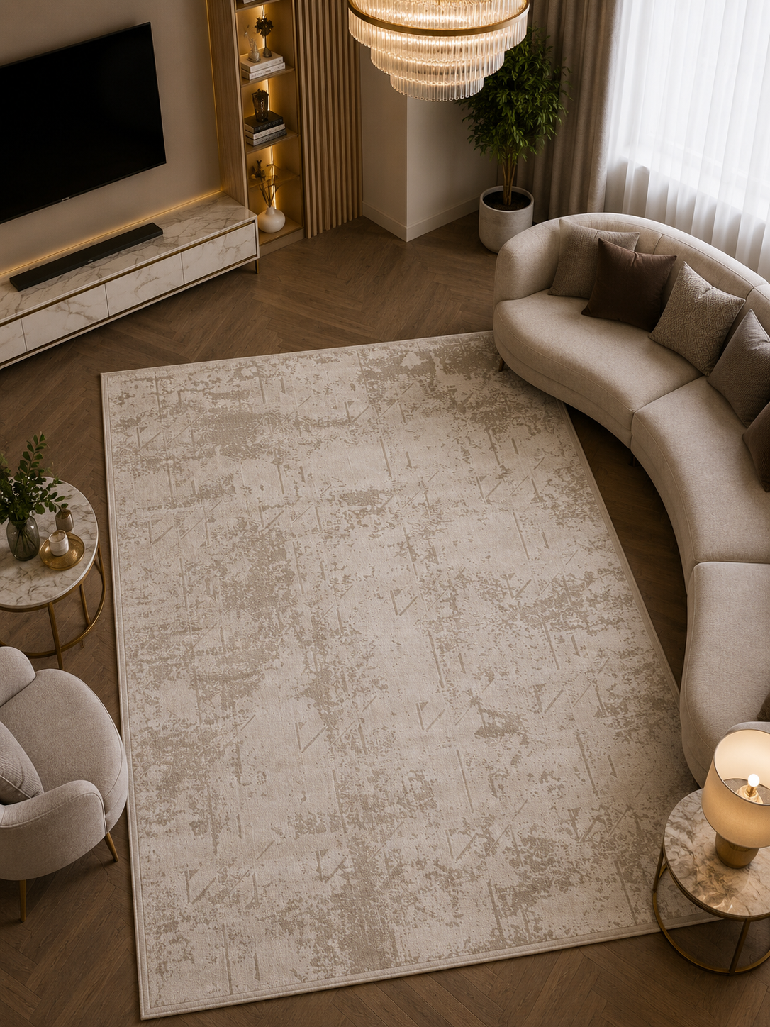 Beliz Viskon Krem Geometrik Desenli Tüylenme Yapmayan Toz Tutmaz Premium Salon Halısı | 652