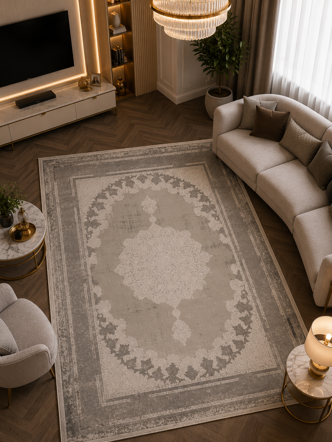 Beliz Viskon Krem Gri Bordürlü Klasik Modern Desenli Tüylenme Yapmayan Toz Tutmaz Premium Salon Halısı | 2082