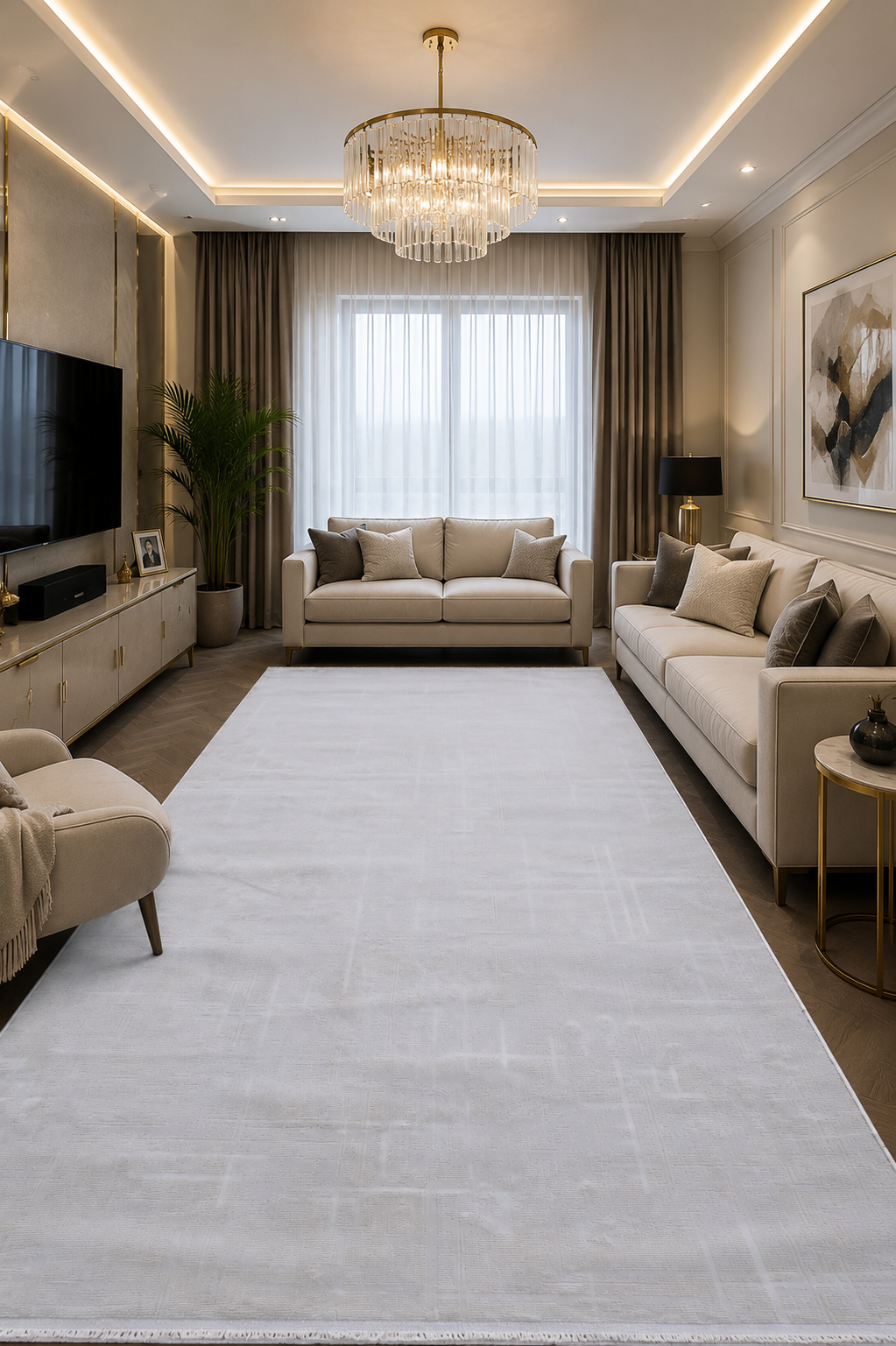 Beyaz Rengi Lotus Bambu Model Altı Kaymaz Makine Dokuma Halı