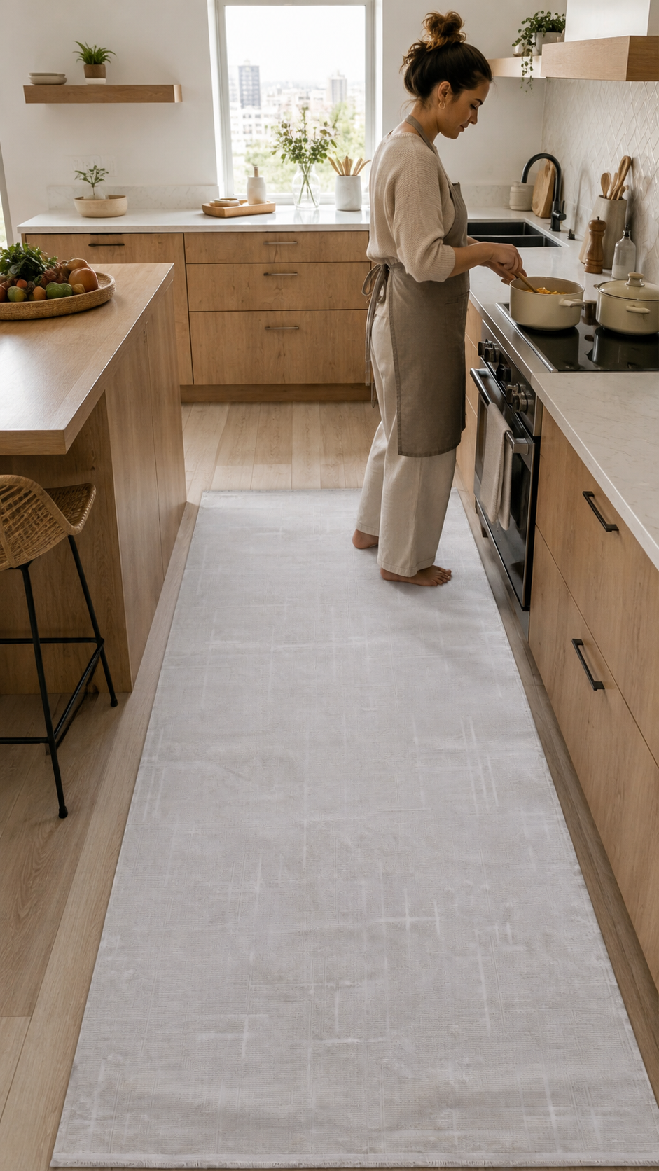Beyaz Rengi Lotus Bambu Model Altı Kaymaz Makine Dokuma Halı