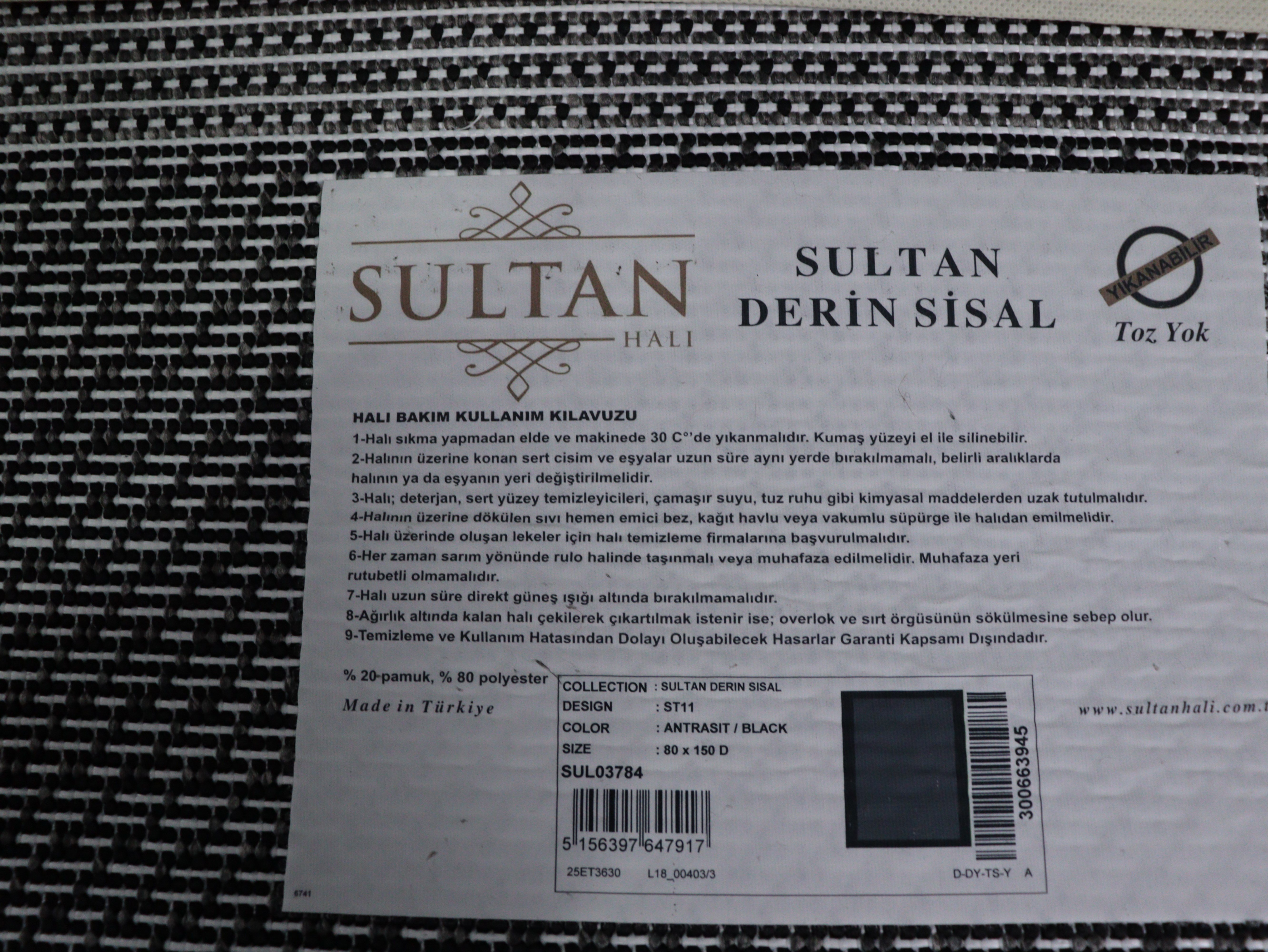Derin Sisal Antrasit Bordürlü Siyah Jüt Sisal Dekoratif Kaymaz Taban Yıkanabilir Halı | ST11