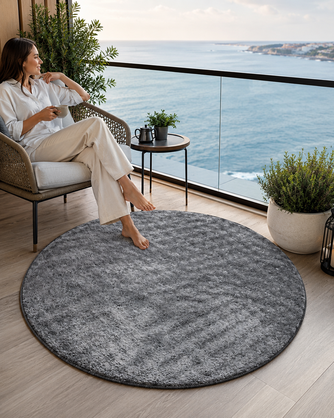 Dream Soft Yuvarlak Antrasit Desenli Yumuşak Yüzeyli Kaymaz Makinede Yıkanabilir Halı