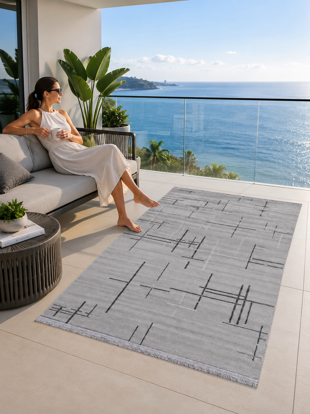 Gri Renk Lotus Bambu Model Altı Kaymaz Makine Dokuma Halı