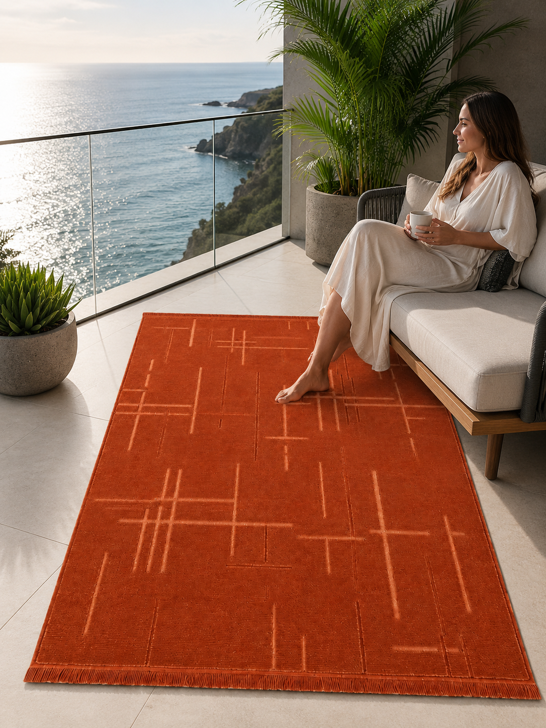 Kiremit Rengi Lotus Bambu Model Altı Kaymaz Makine Dokuma Halı