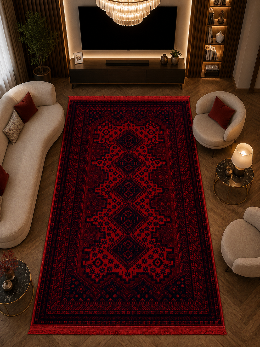 Kırmızı Afgan Tarzı Altı Kaymaz Yıkanabilir Şönil Kilim & Halı | SDF020