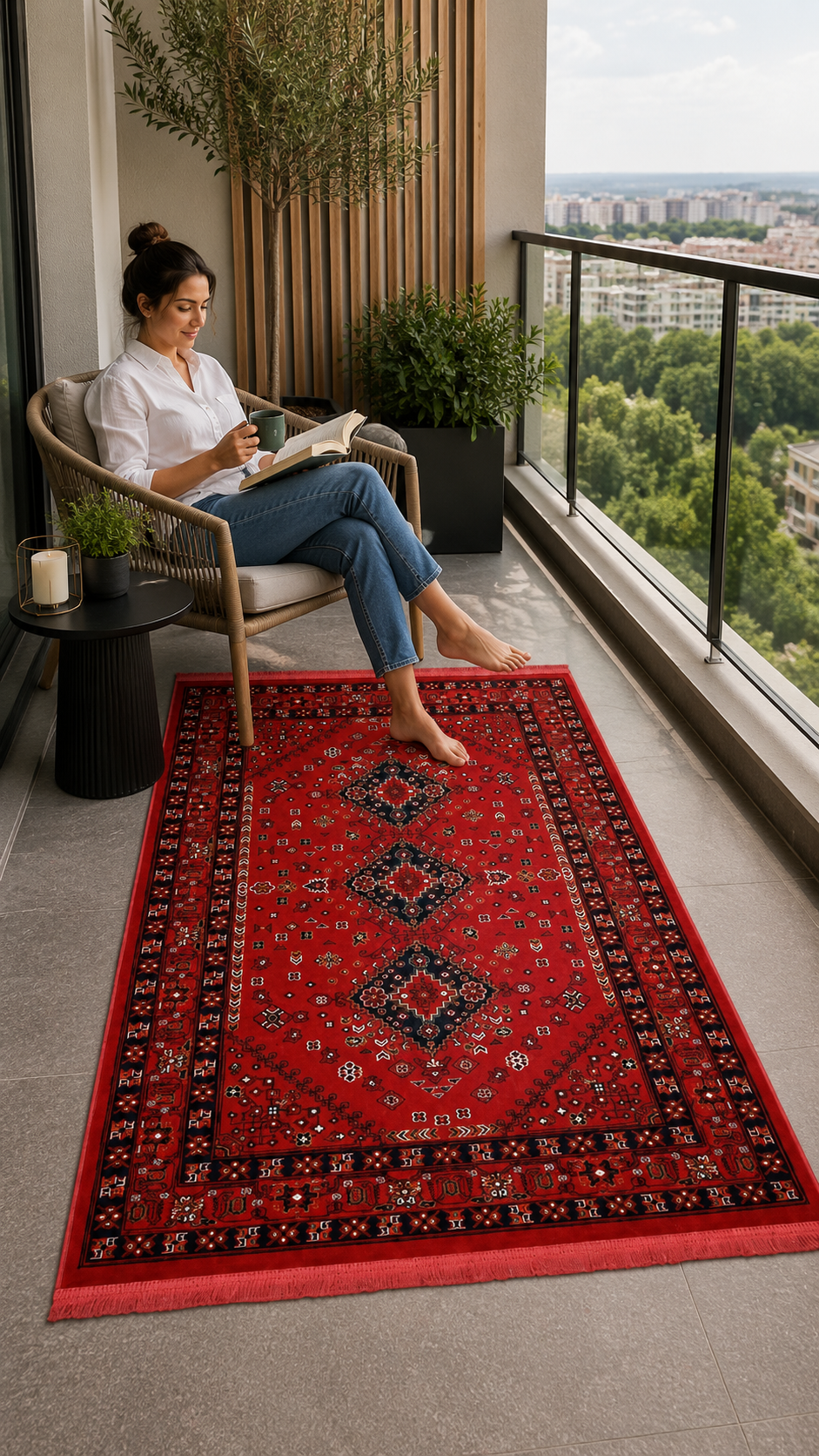 Kırmızı Afgan Tarzı Altı Kaymaz Yıkanabilir Şönil Kilim & Halı