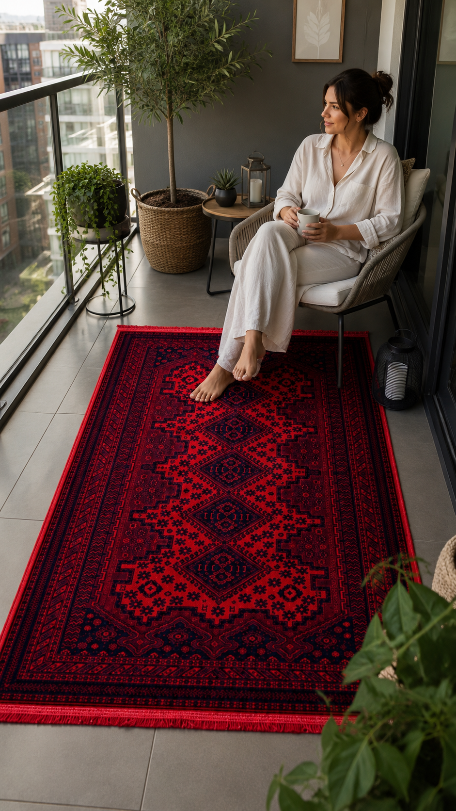 Kırmızı Afgan Tarzı Altı Kaymaz Yıkanabilir Şönil Kilim & Halı | SDF020