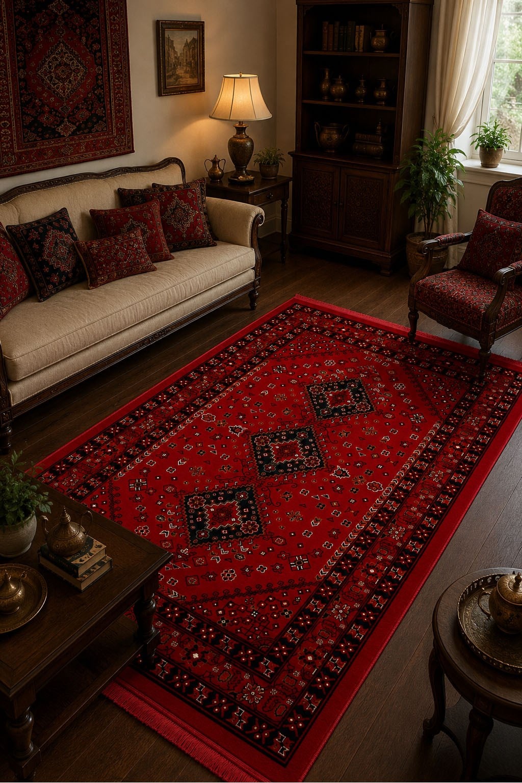Kırmızı Afgan Tarzı Altı Kaymaz Yıkanabilir Kilim