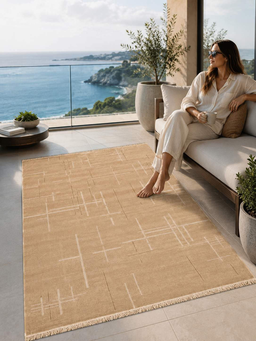 Krem Rengi Lotus Bambu Model Altı Kaymaz Makine Dokuma Halı