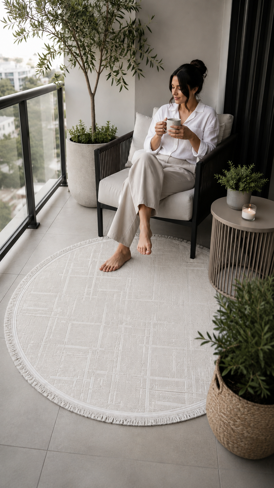 Lotus Bambu Model Altı Kaymaz Yuvarlak Makine Dokuma Halı Beyaz