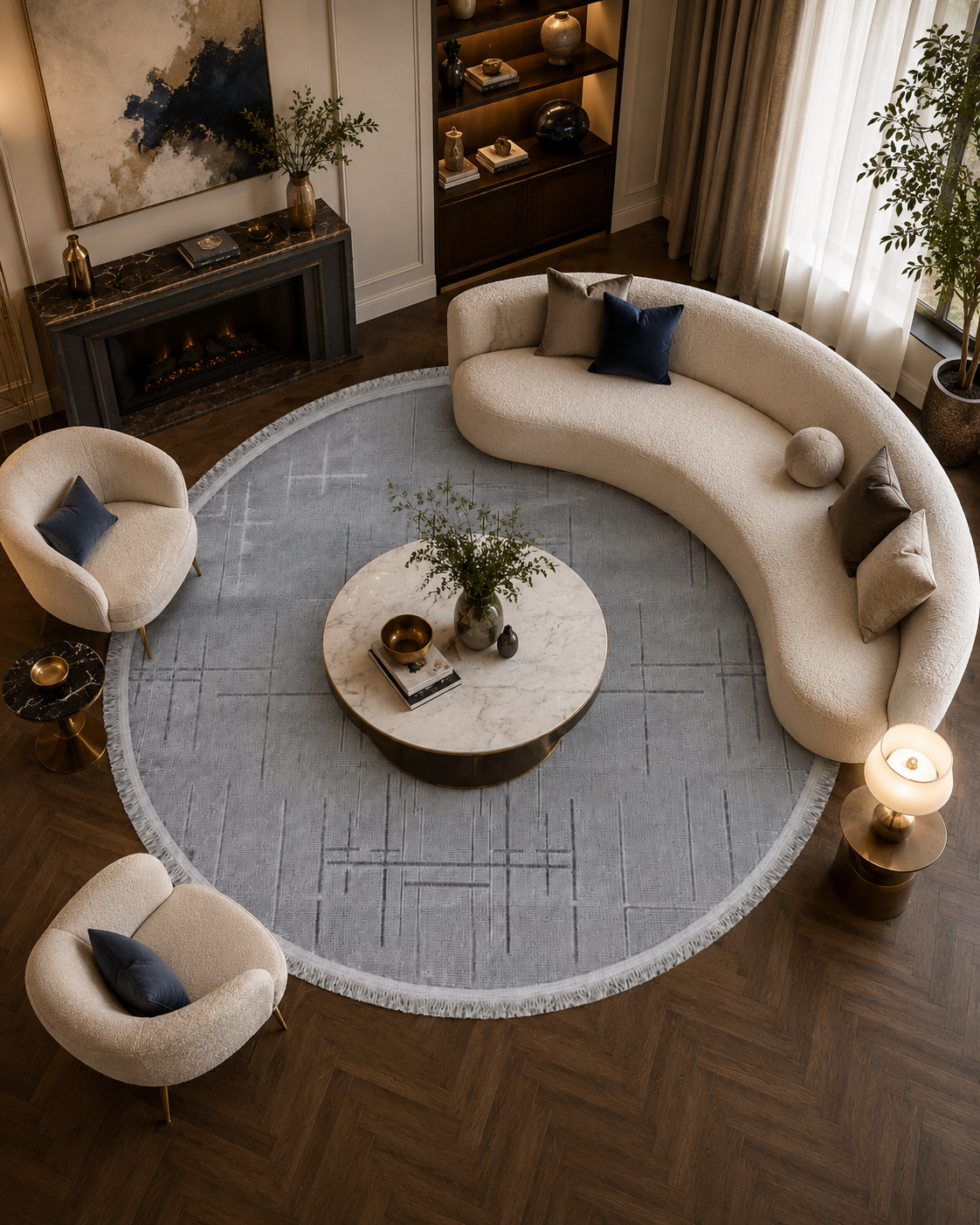 Lotus Bambu Model Altı Kaymaz Yuvarlak Makine Dokuma Halı Gri