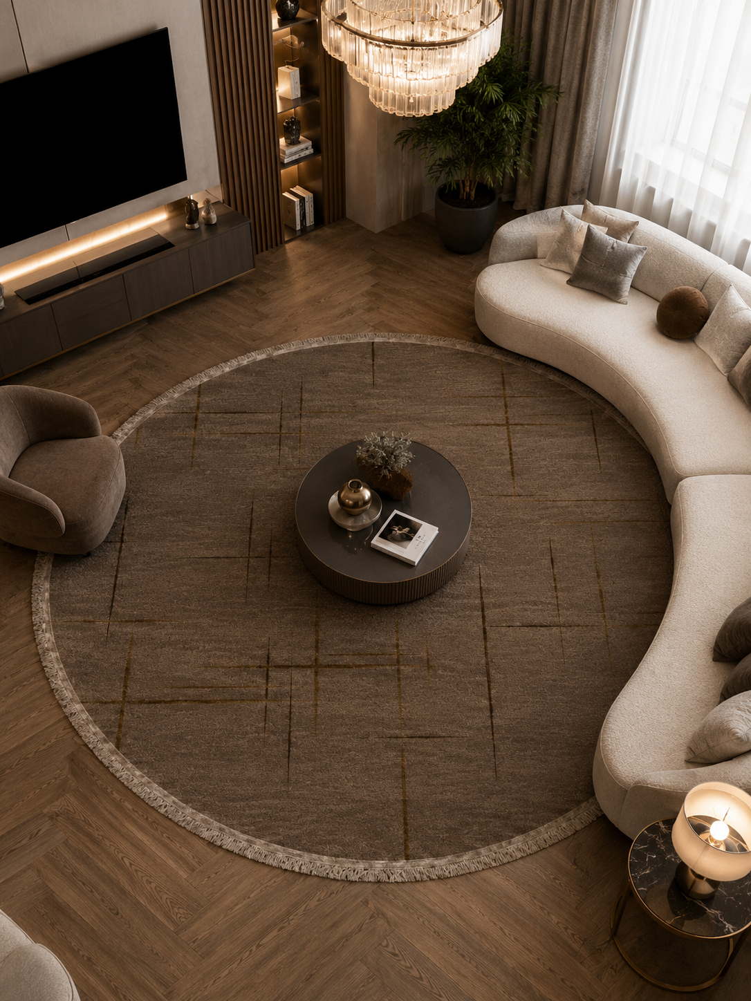 Lotus Bambu Model Altı Kaymaz Yuvarlak Makine Dokuma Halı Vizon