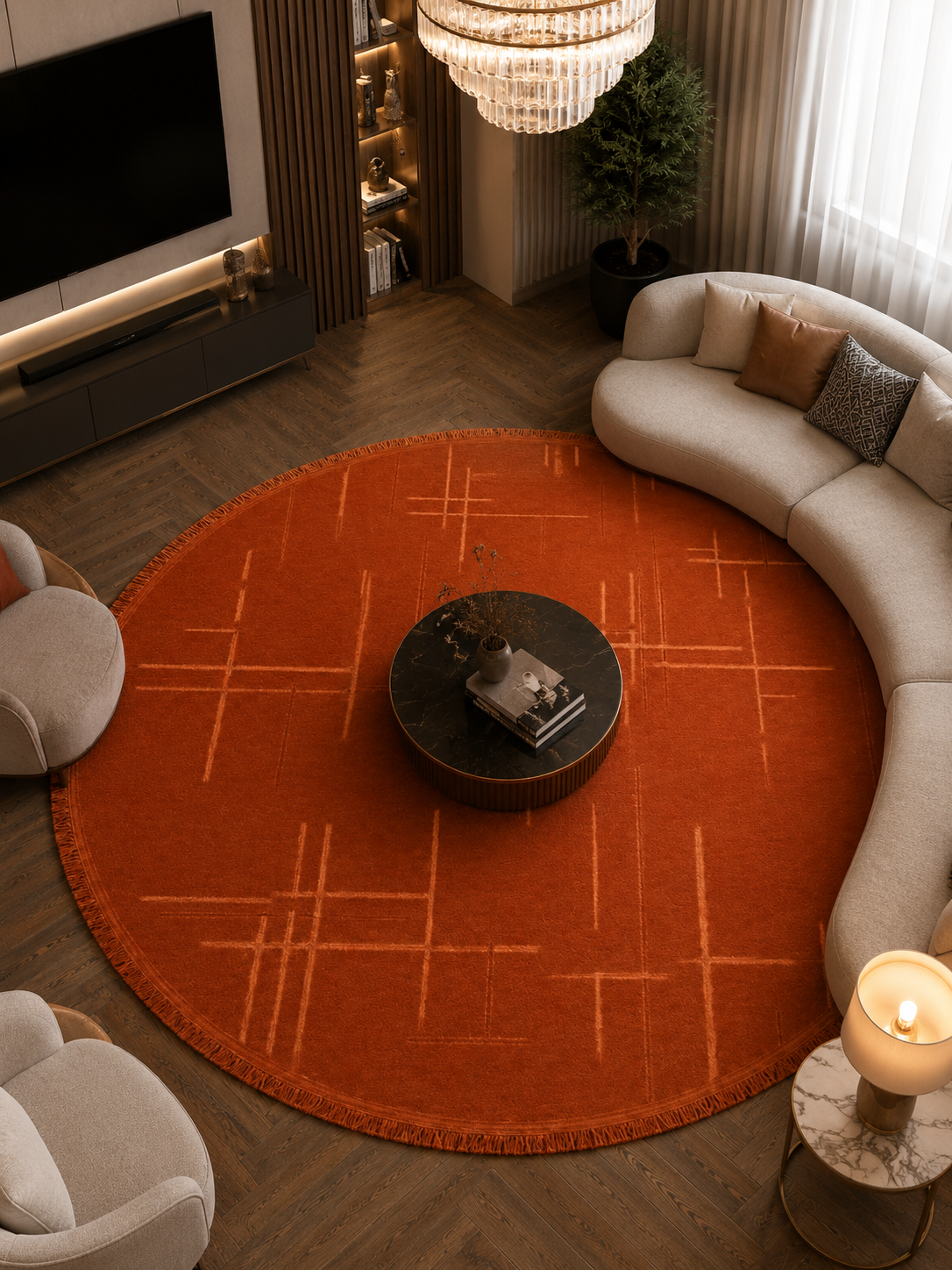 Lotus Bambu Model Altı Kaymaz Yuvarlak Makine Dokuma Halı Kiremit
