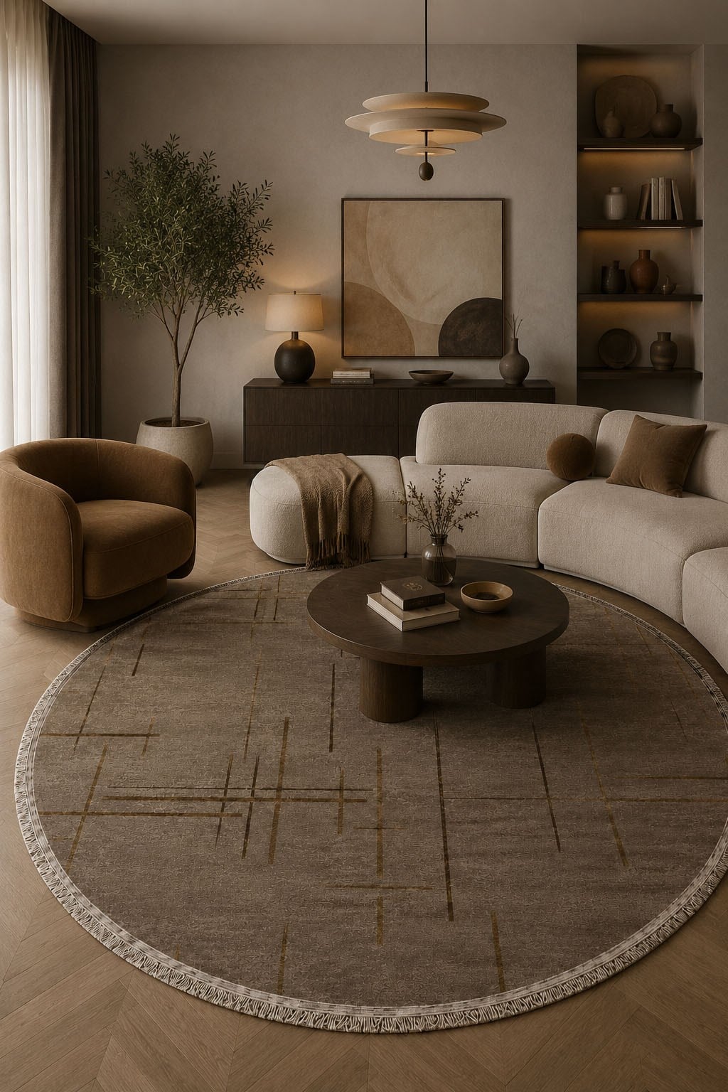 Lotus Bambu Model Altı Kaymaz Yuvarlak Makine Dokuma Halı Vizon