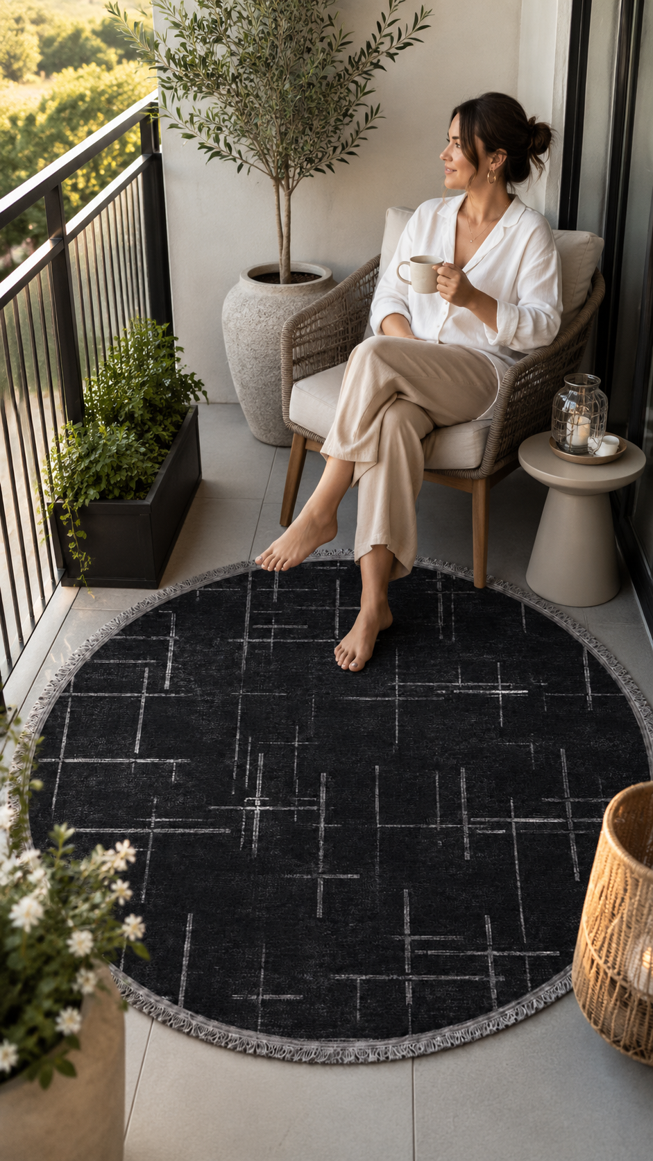 Lotus Bambu Model Altı Kaymaz Yuvarlak Makine Dokuma Halı Antrasitt