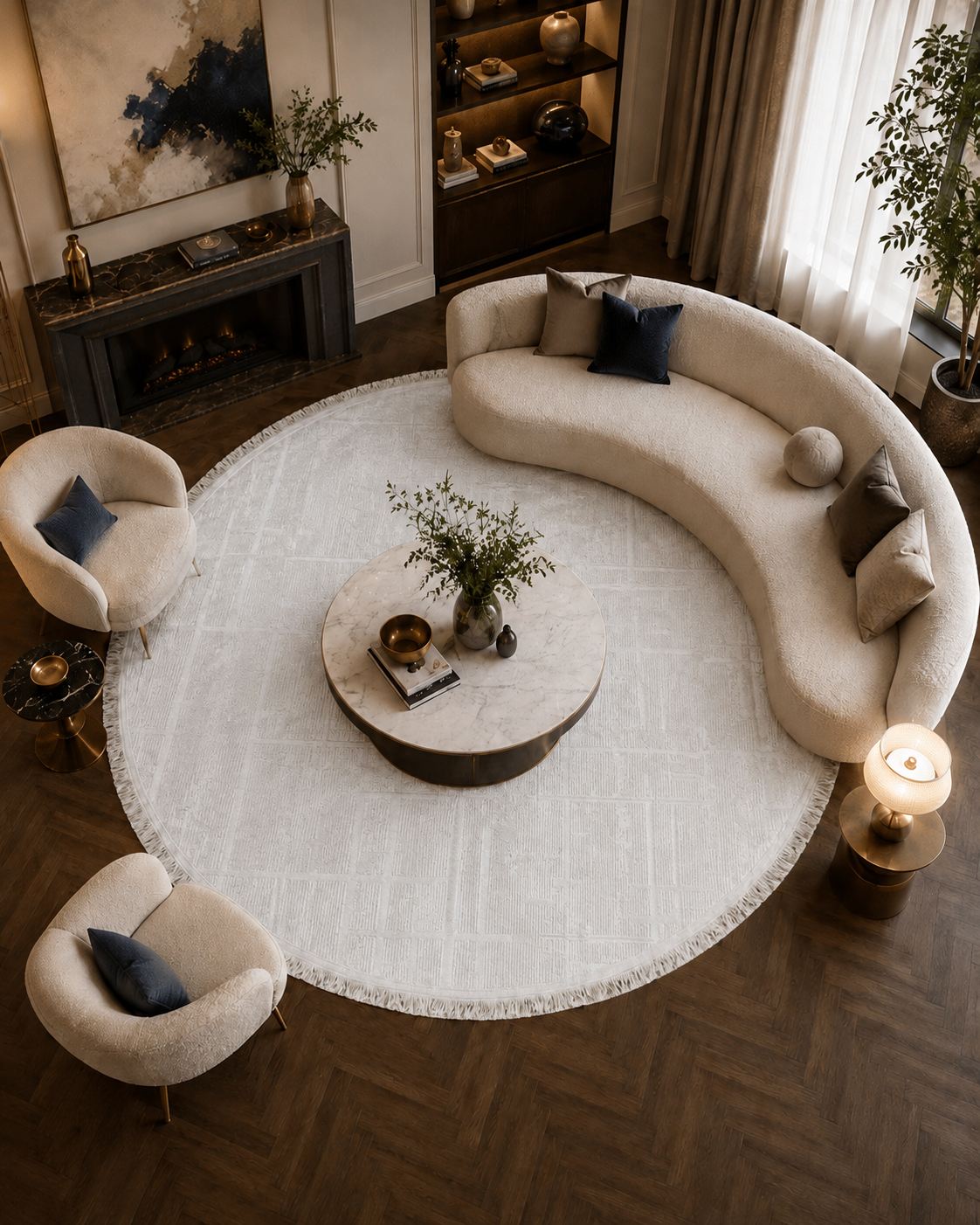 Lotus Bambu Model Altı Kaymaz Yuvarlak Makine Dokuma Halı Beyaz
