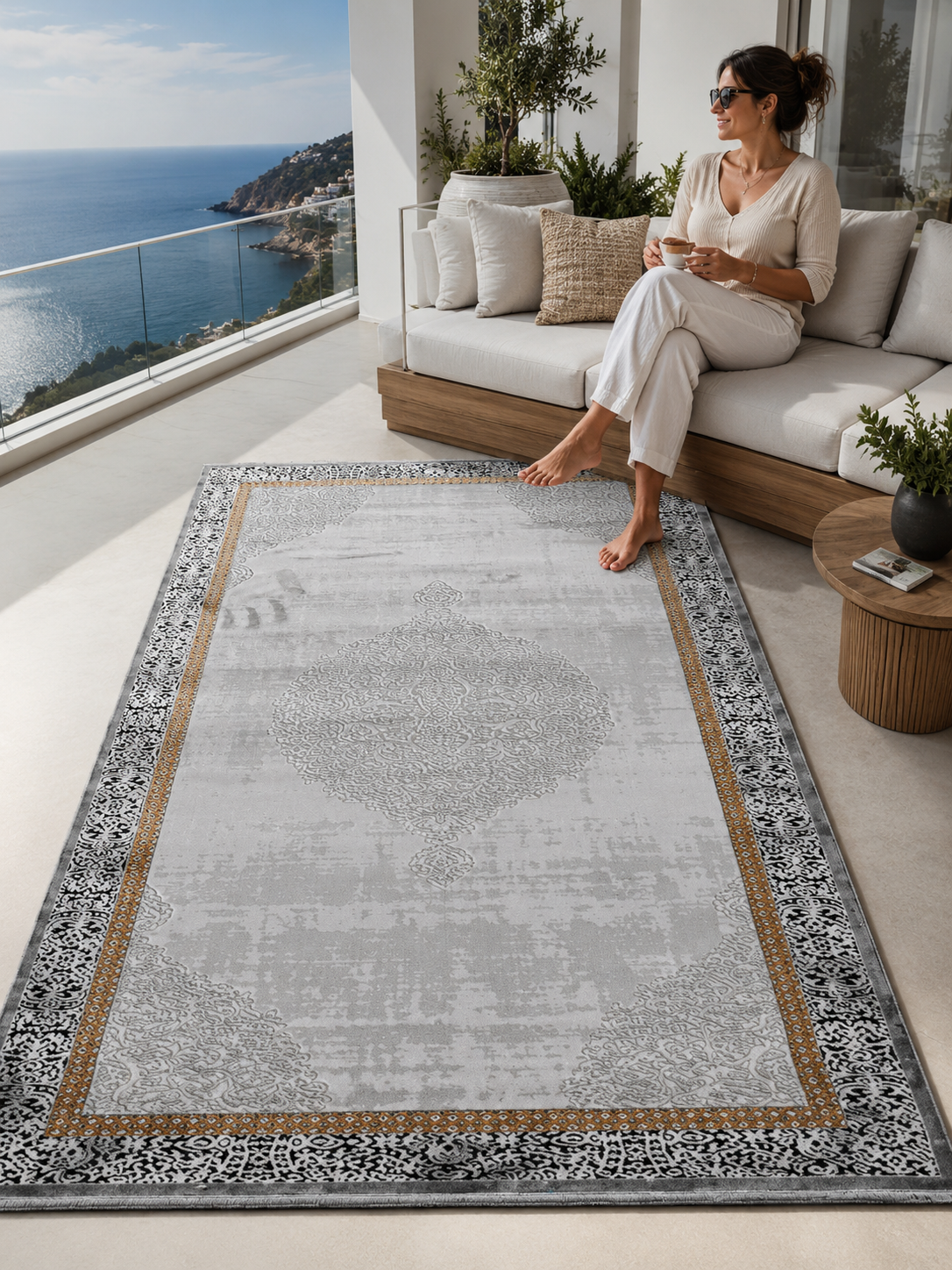 Madalyon Seri Gold Çerçeveli Motif İşlemeli Altı Kaymaz Makine Dokuma Halı | 17200