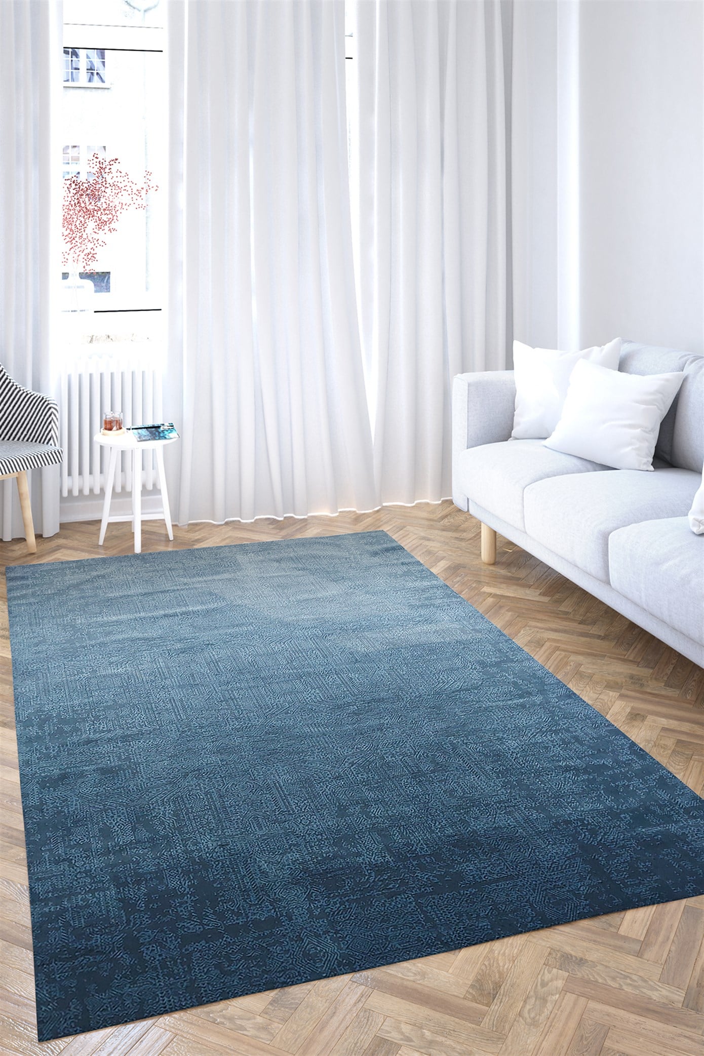 Mavi Rengi Vintage Model Altı Kaymaz Makine Dokuma Halı