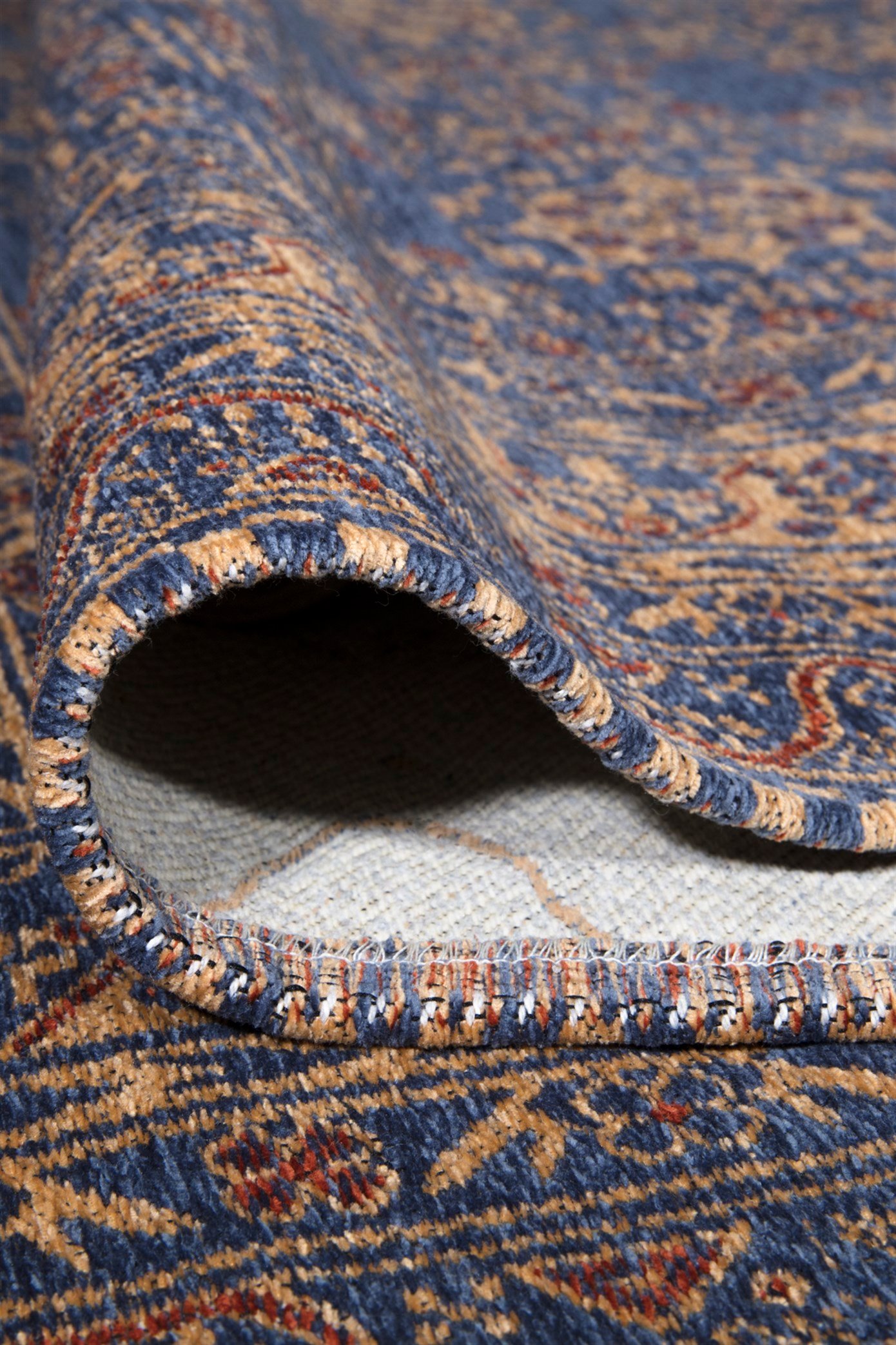 Mavi Renkli Afgan Tarzı Altı Kaymaz Yıkanabilir Şönil Kilim
