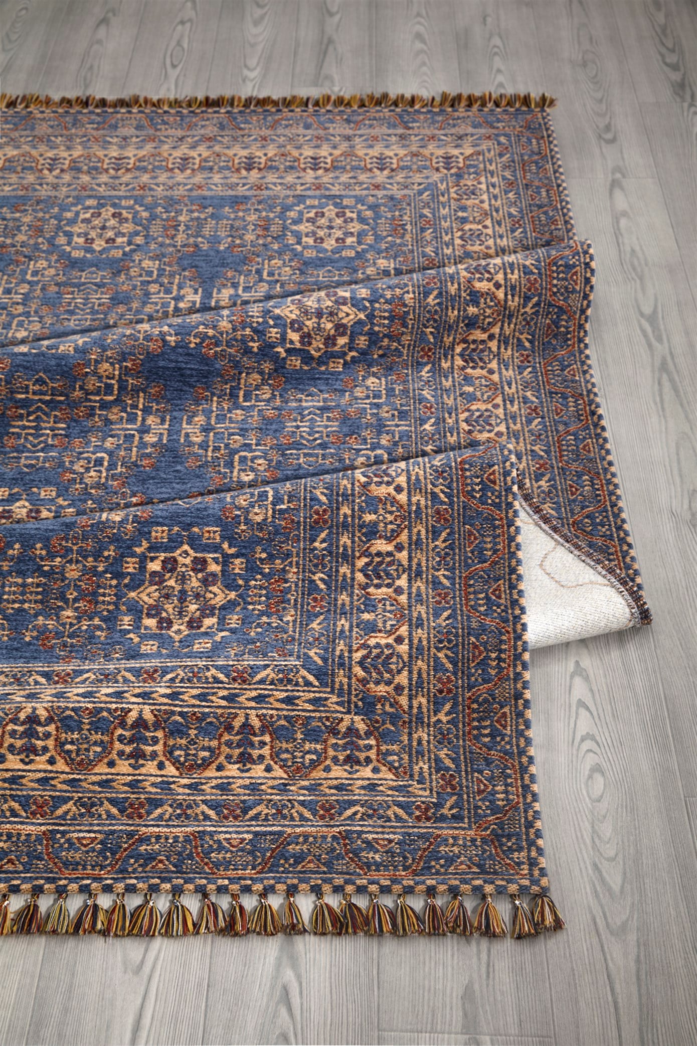 Mavi Renkli Afgan Tarzı Altı Kaymaz Yıkanabilir Şönil Kilim