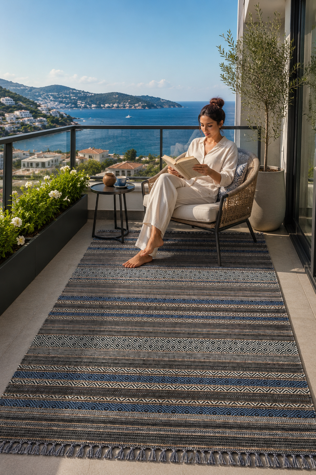 Mavi Renkli Kaymaz Tabanlı Yıkanabilir Makine Dokuma Kilim