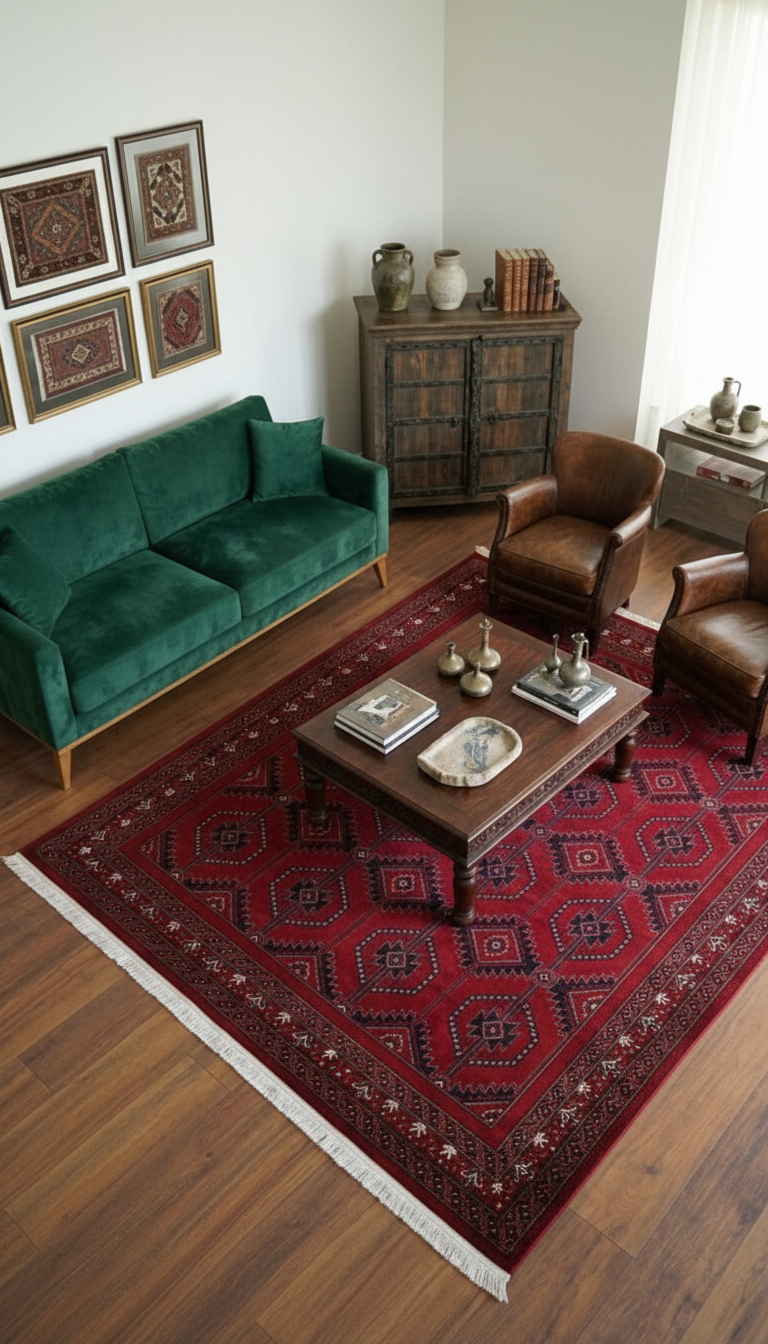 NAKIŞ Serisi Kırmızı Zeminli Geometrik Motifli Şık Salon Halısı | AF316 RED