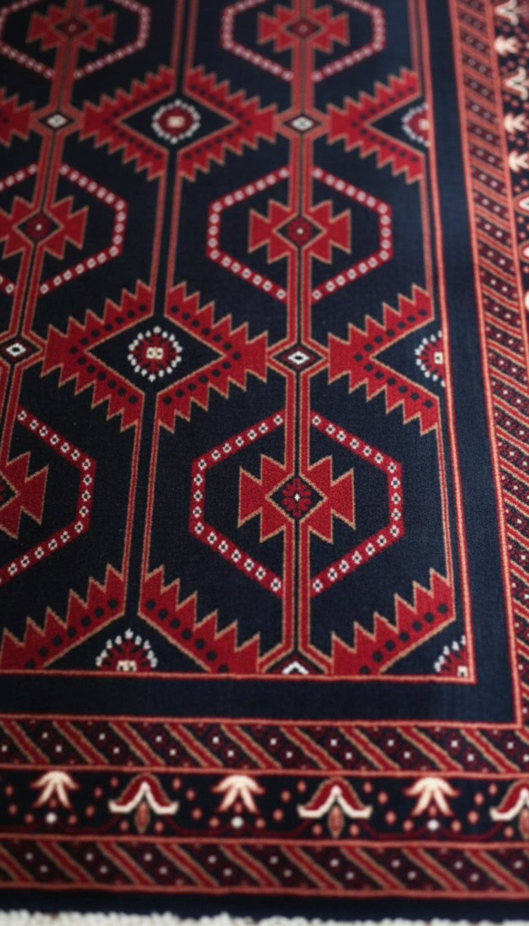 NAKIŞ Serisi Lacivert Kırmızı Geometrik Motifli Şık Salon Halısı | AF316 NAVY