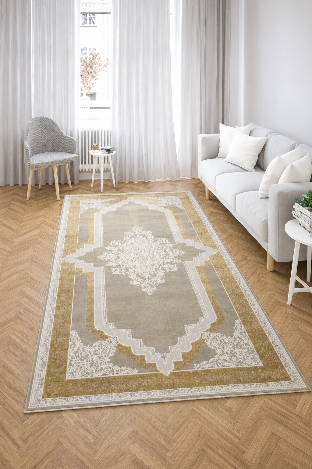 Nostalji Seri Gold Çerçeveli Klasik Motifli Altı Kaymaz Makine Dokuma Halı | 13417