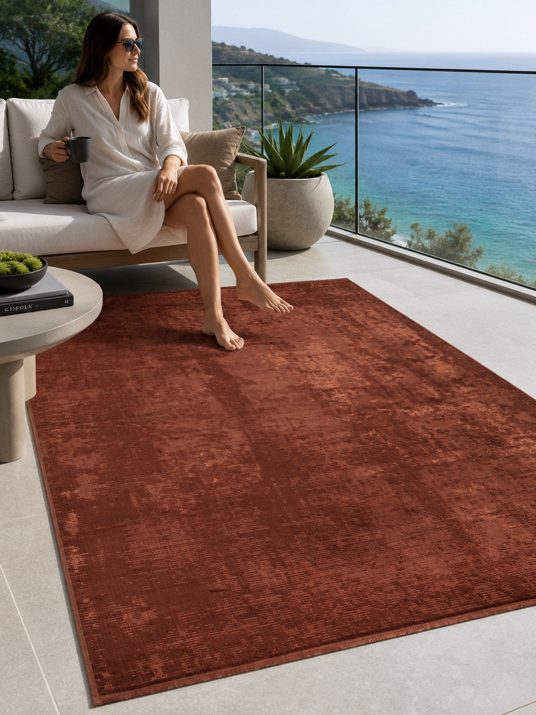 Oranj Rengi Vintage Bambu Altı Kaymaz Makine Dokuma Halı