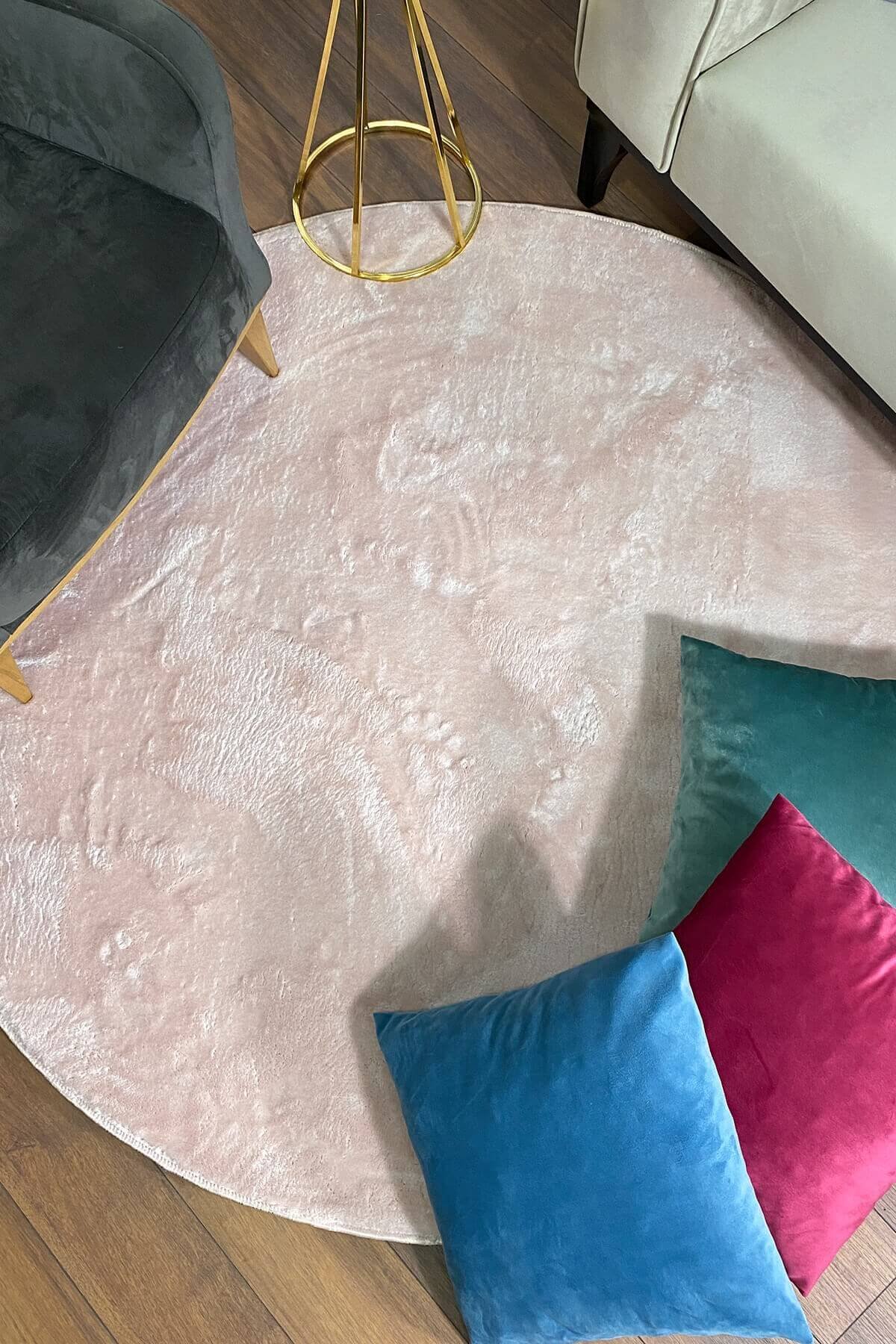 Pudra Yuvarlak Peluş Post Halı
