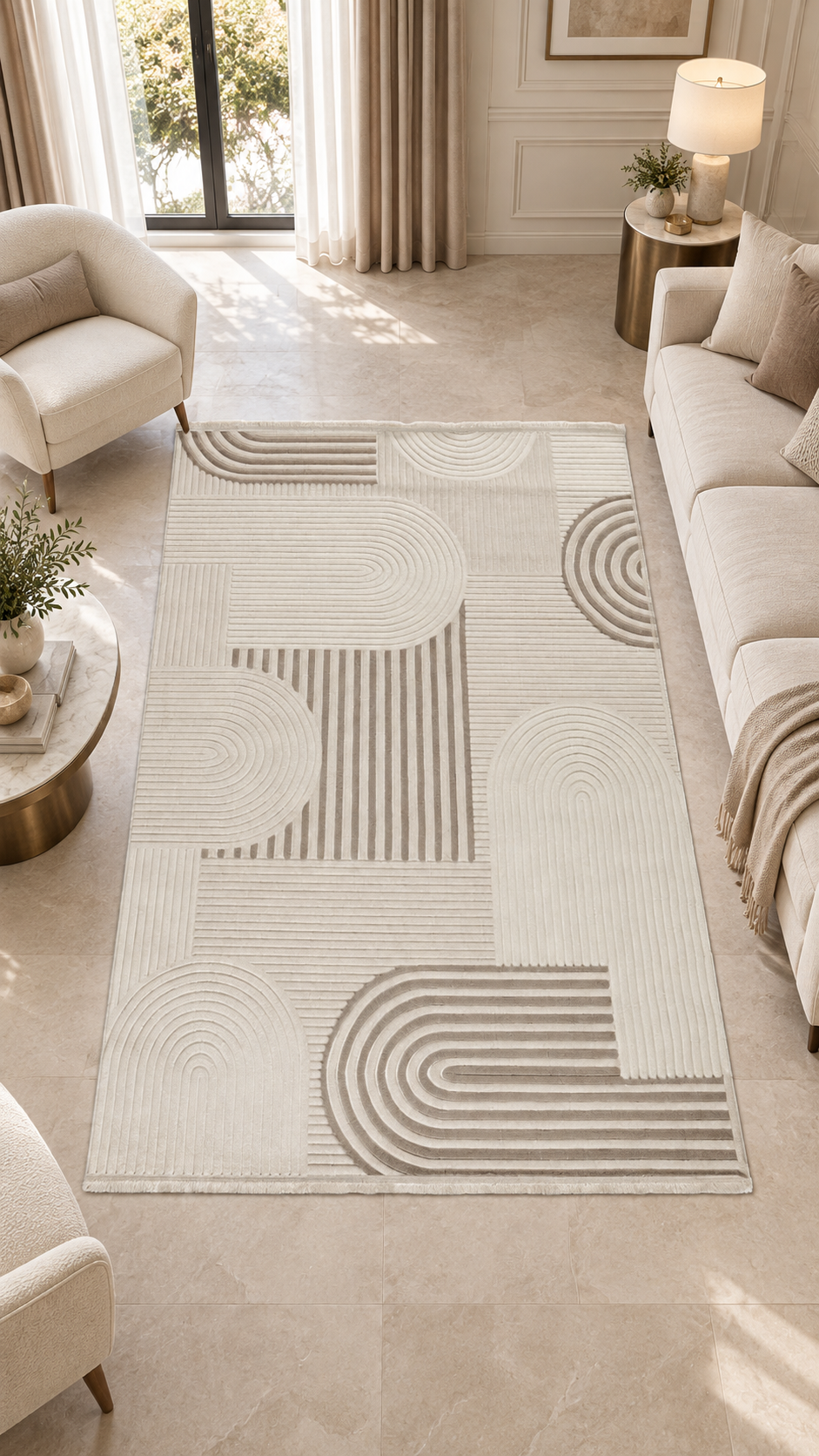 Silva Serisi Krem Vizon Oval Çizgili Modern Halı | LT528A