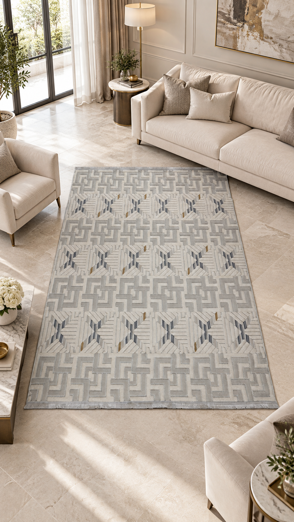 Silva Serisi Mavi Gold Geometrik Desenli Modern Halı | Sultan Halı