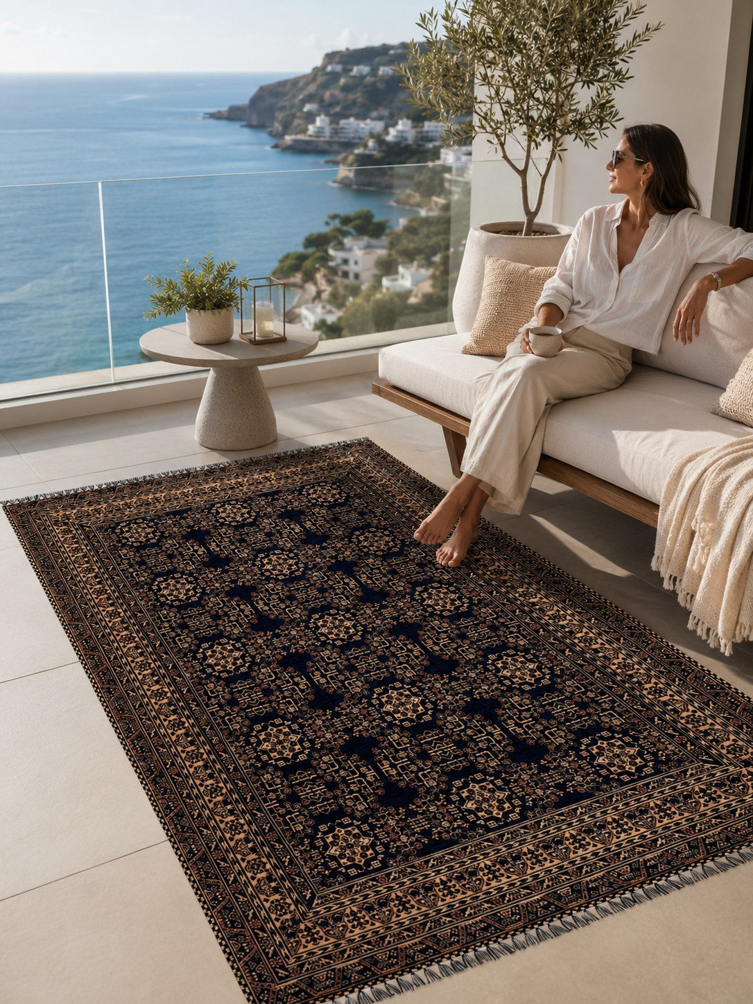 Siyah Renkli Afgan Tarzı Altı Kaymaz Yıkanabilir Şönil Kilim