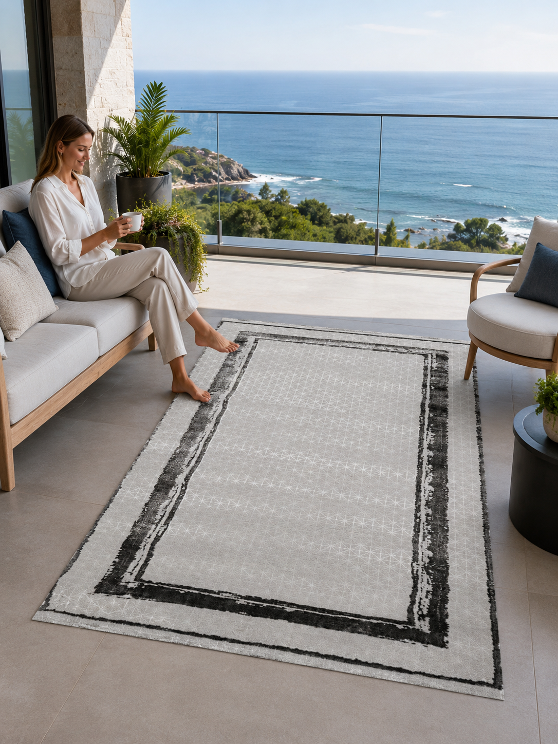 Sultan Zen Çerçeveli Desen Antrasit Modern Akrilik Makine Dokuma Salon Halısı - 6702