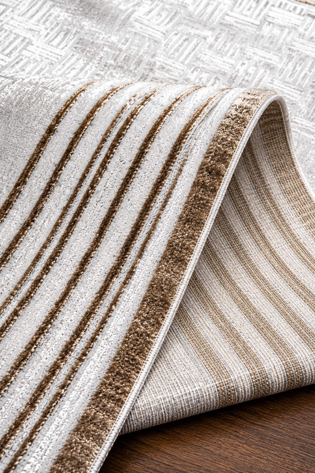 Sultan Zen Çizgili Çerçeveli Desen Vizon Modern Akrilik Makine Dokuma Salon Halısı - 6608