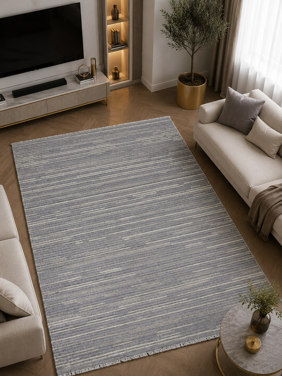 ZARA Serisi Açık Gri Çizgili Modern Dekoratif Halı | GF723