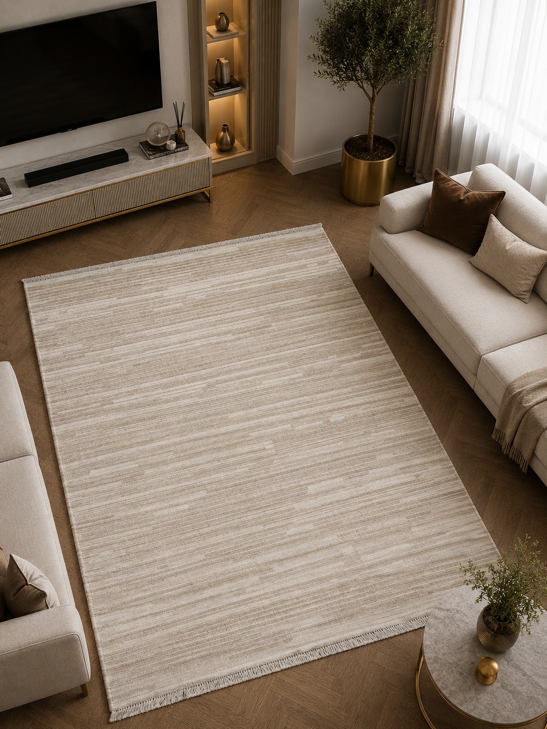 ZARA Serisi Krem Çizgili Modern Dekoratif Halı | GF723