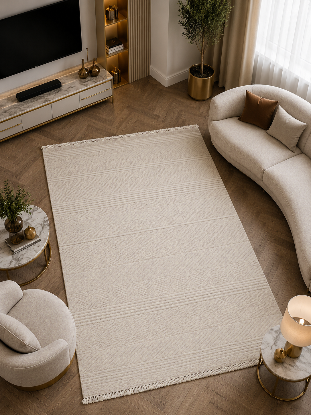 ZARA Serisi Krem Kabartma Desenli Modern Dekoratif Halı | GF726