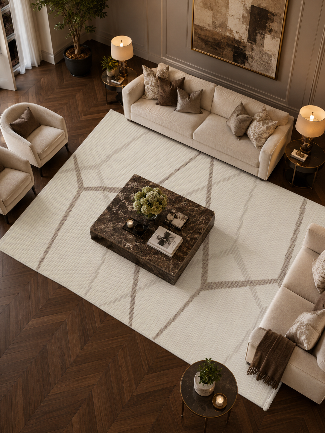 ZARA Serisi Krem Vizon Geometrik Desenli Modern Halı | GF711