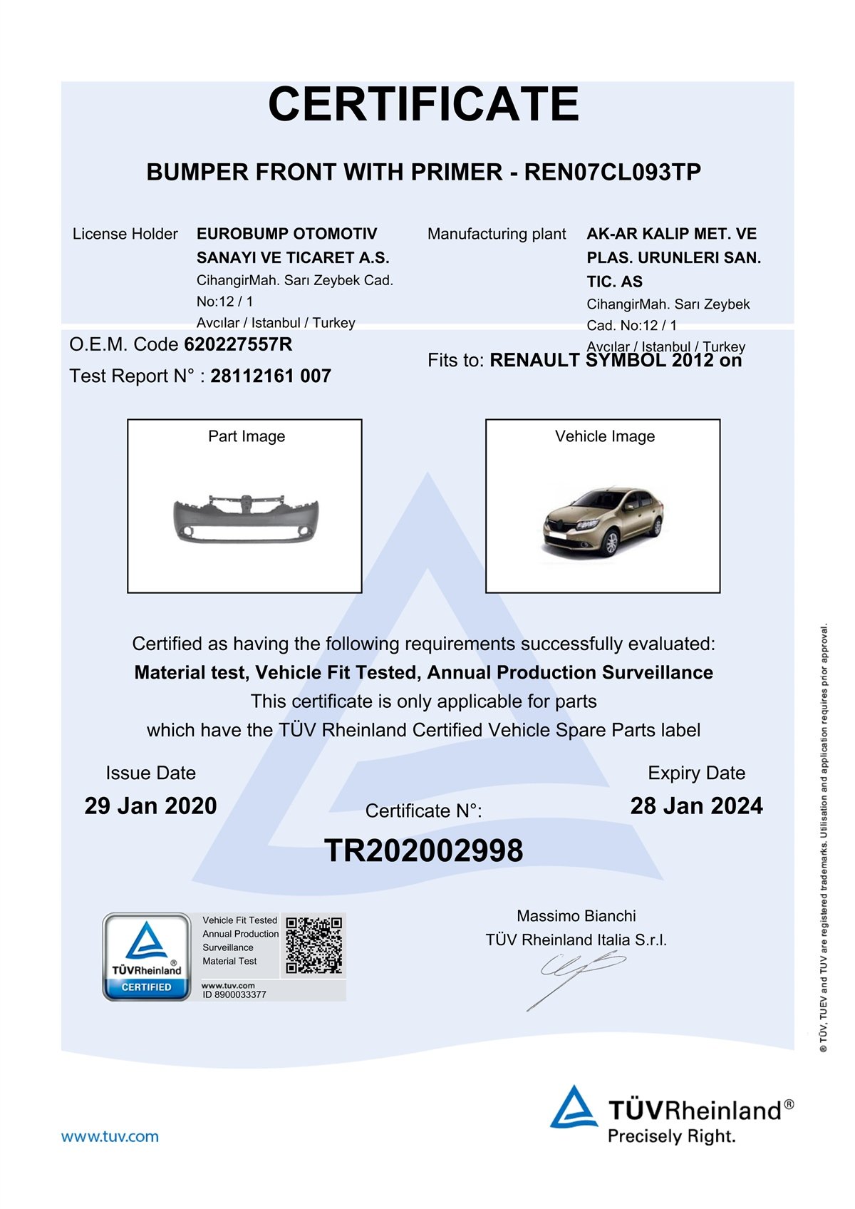 CLIORENAULT SYMBOL ÖN TAMPON AST.12-/TÜV 620227557RDE-GAREN07CL093TP