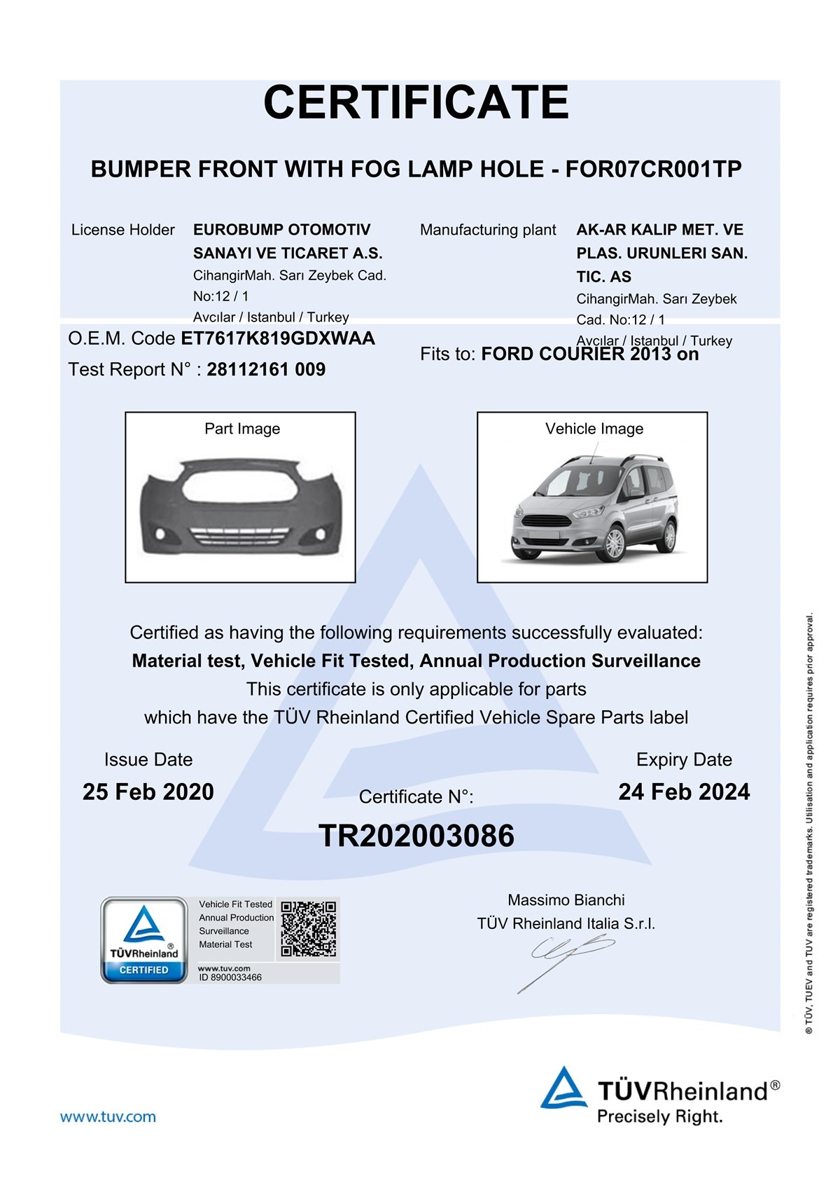 COURIERFORD COURIER ÖN TAMPON DELİKLİ AST.13-/TÜV ET7617K819KGXWAADE-GAFOR07CR001TP