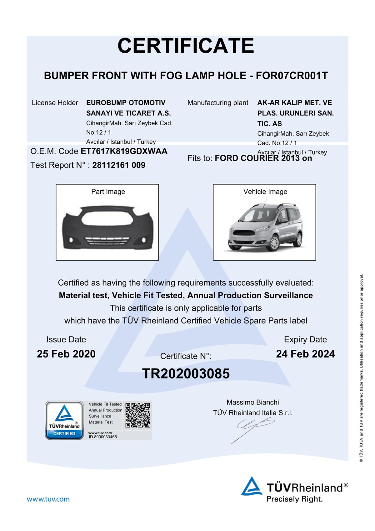 COURIERFORD COURIER ÖN TAMPON DELİKLİ 13-/TÜV ET7617K819GGXWAADE-GAFOR07CR001T