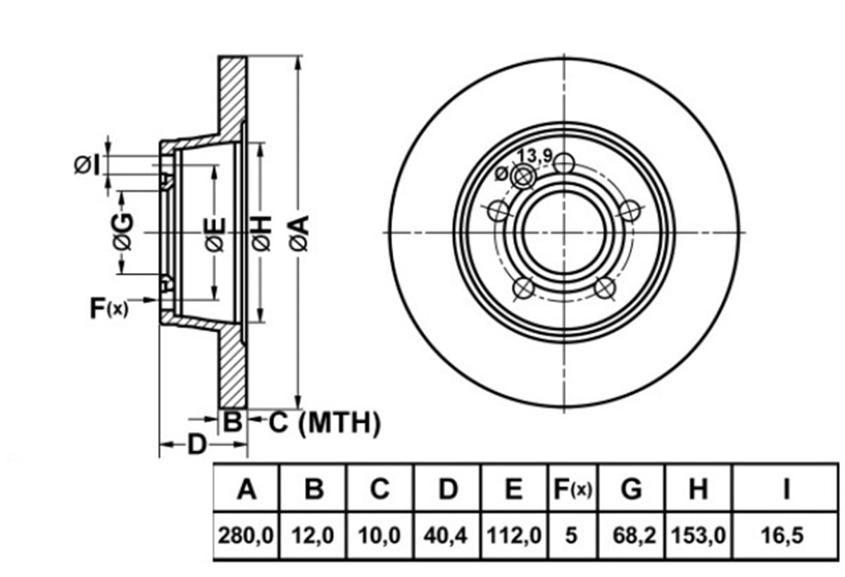 YEDEK PARÇAARKA FREN DISKI-280×12 5×112 VW TRANSPORTER 96-04 7D0615601 -MGA-50216MGAMGA-50216