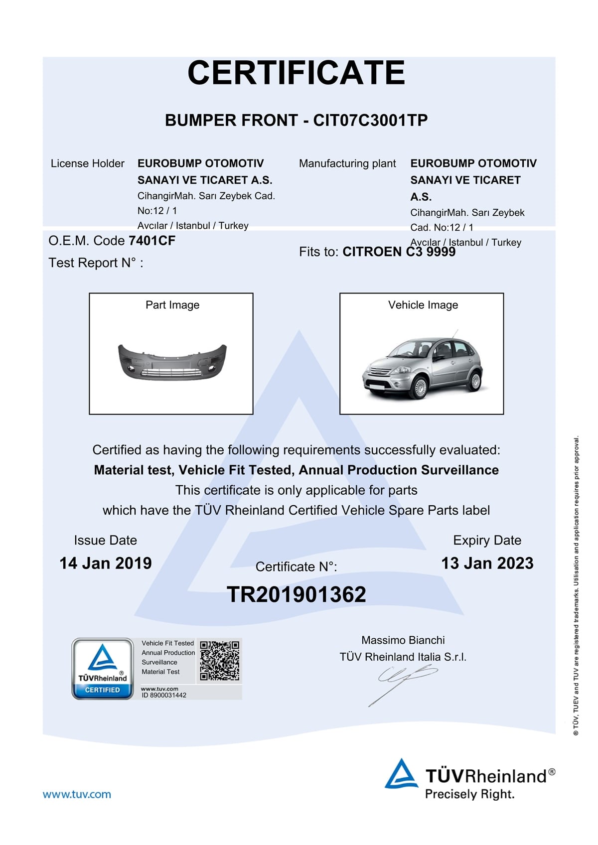YEDEK PARÇACITROEN C3 ÖN TAMPON DELİKLİ ASTARLI 02-05 / TÜV ORJİNAL REF. NO: 7401V2 UYUMLU CIT07C3001TPDEGACIT07C3001TP