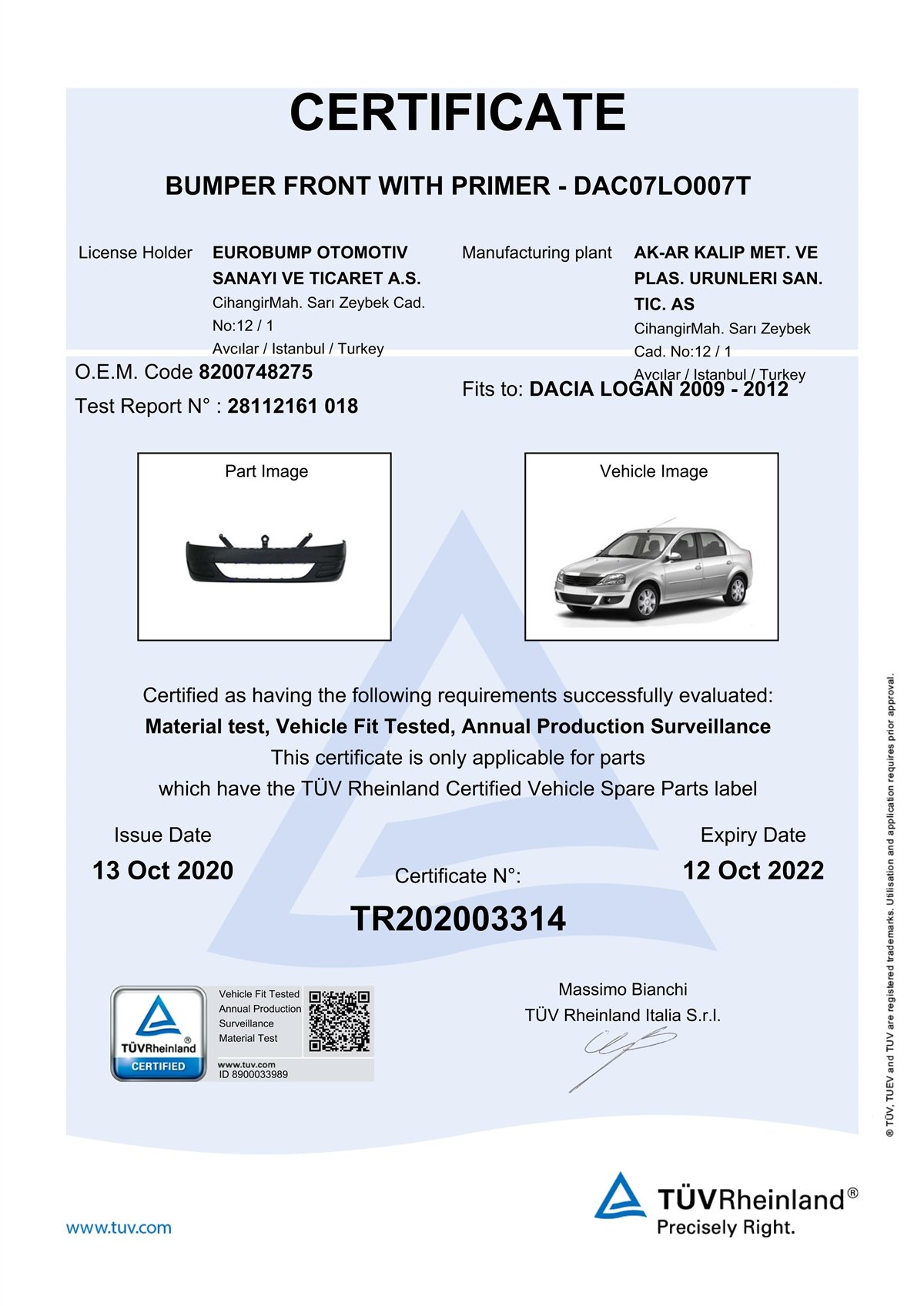 YEDEK PARÇADACİA LOGAN ÖN TAMPON 08- / TÜV ORJİNAL REF. NO: 8200748275 UYUMLU DAC07LO007TDEGADAC07LO007T