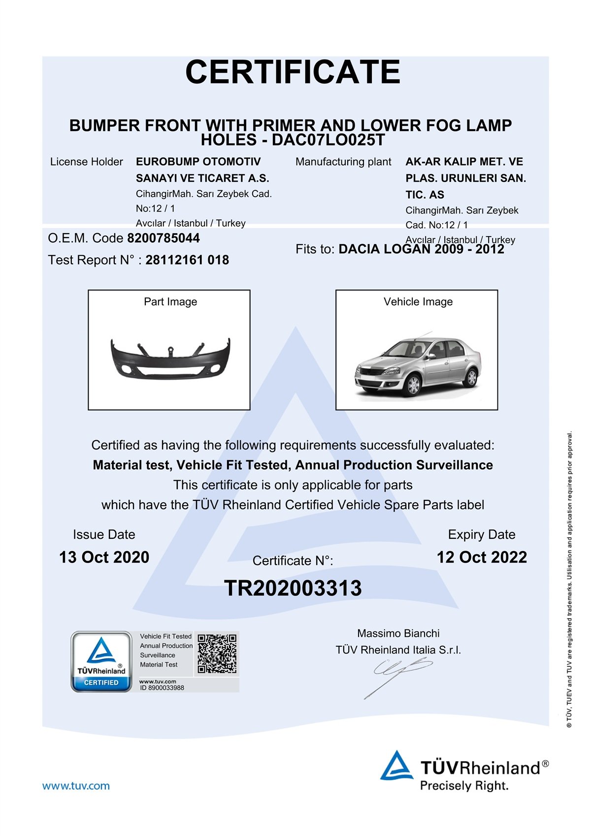 YEDEK PARÇADACİA LOGAN ÖN TAMPON DELİKLİ 08- / TÜV ORJİNAL REF. NO: 8200785044 UYUMLU DAC07LO025TDEGADAC07LO025T