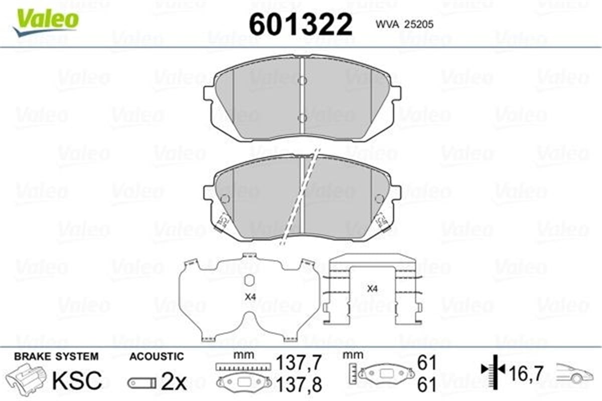 YEDEK PARÇADİSK FREN BALATASI ÖN HYUNDAI İ40 6-2011 . İX35 CZE 1-2010 . İX35 KOR 1-2010 VALEO 601322VALEOVALEO 601322