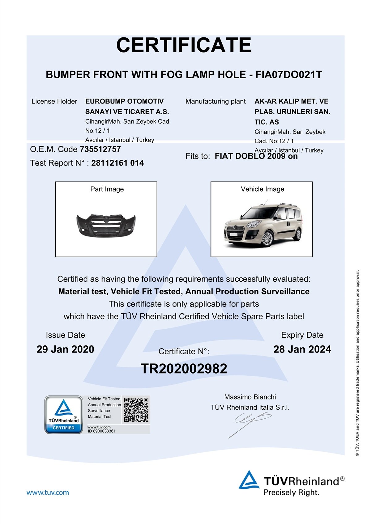 YEDEK PARÇAFIAT DOBLO ÖN TAMPON DELİKLİ 09- / TÜV ORJİNAL REF. NO: 735512757 UYUMLU FIA07DO021TDEGAFIA07DO021T