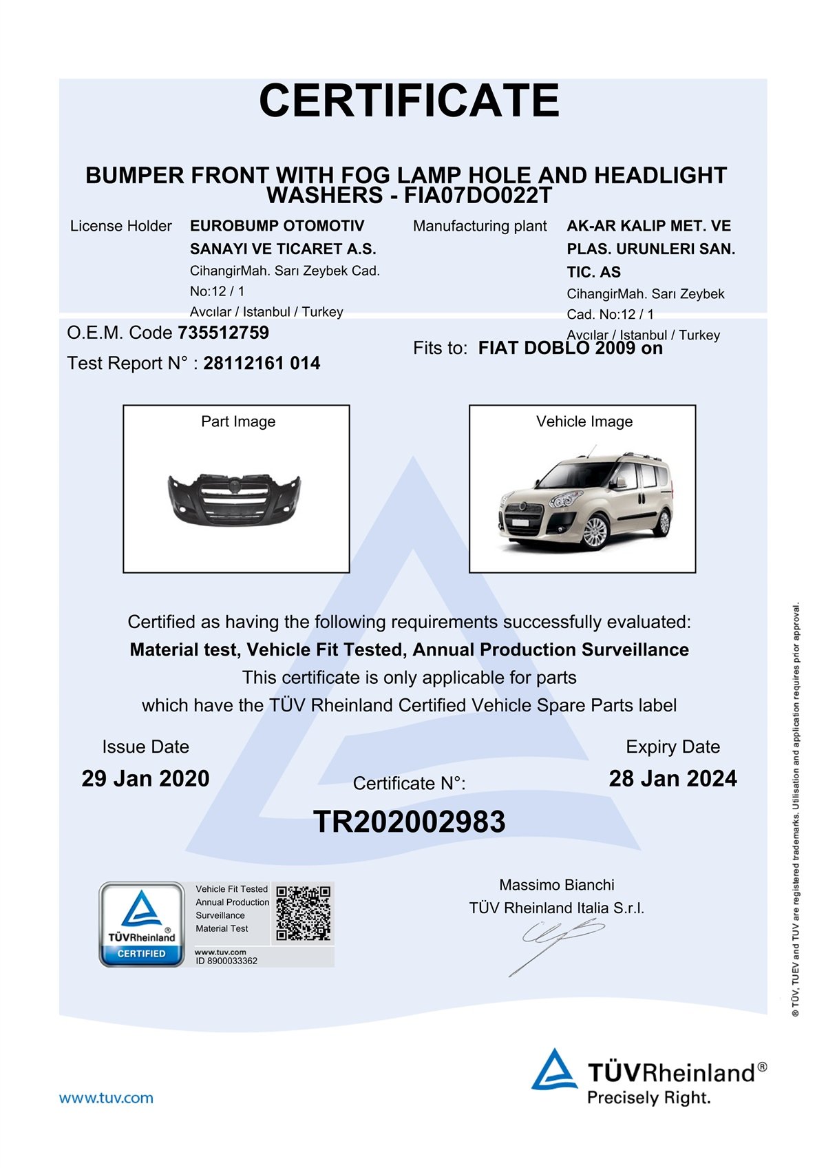 YEDEK PARÇAFIAT DOBLO ÖN TAMPON FAR YIKAMA DELİKLİ 09- / TÜV ORJİNAL REF. NO: 735512759 UYUMLU FIA07DO022TDEGAFIA07DO022T