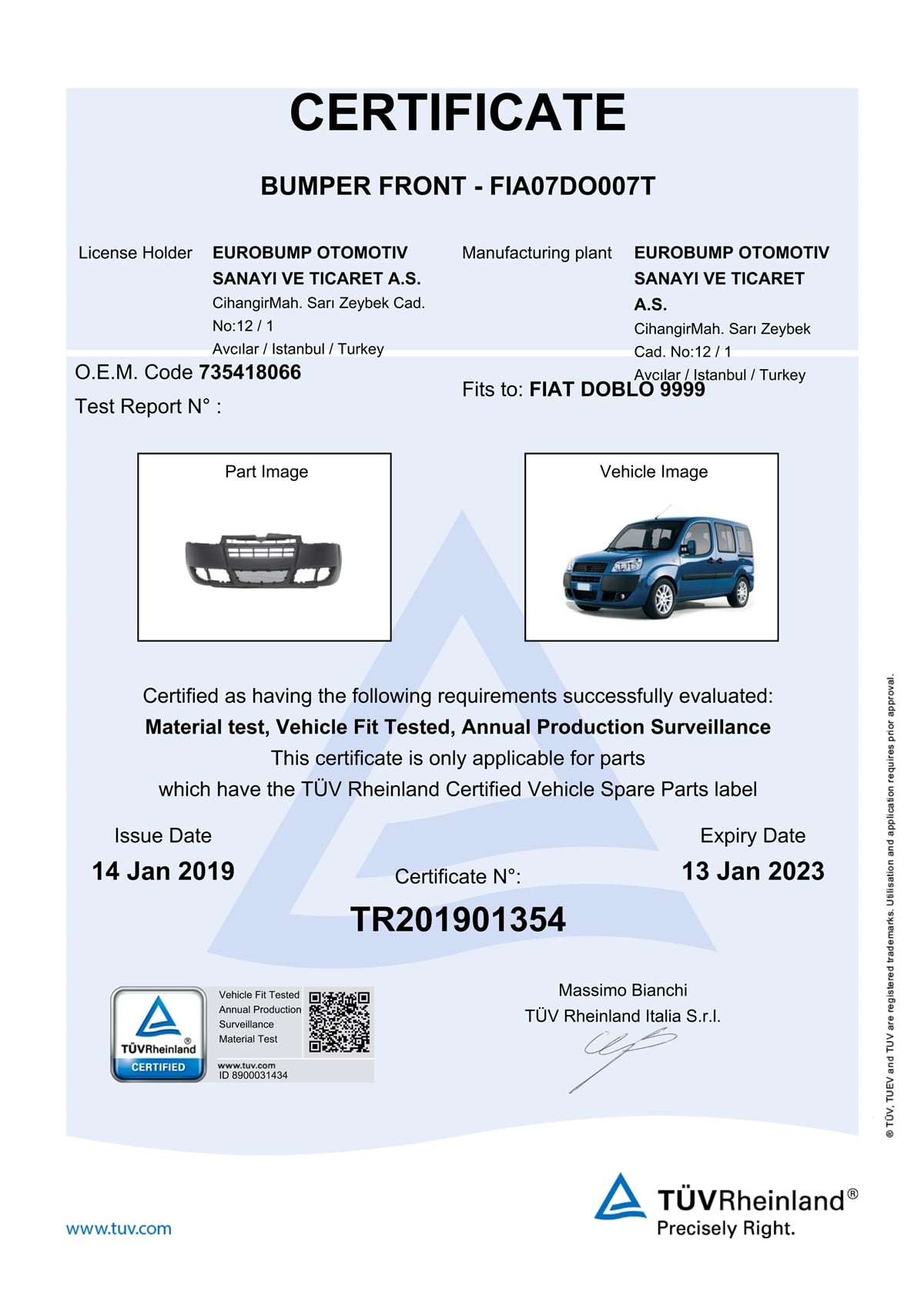 YEDEK PARÇAFIAT DOBLO ÖN TAMPON ORT.PANJLU SPOİLERLİ 06-09 / TÜV ORJİNAL REF. NO: 735417815 UYUMLU FIA07DO007TDEGAFIA07DO007T